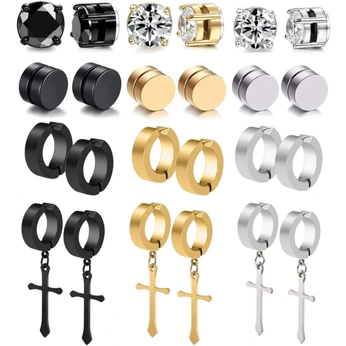 12 Pairs Stainless Steel Non Pierced  Earrings for Men Women CZ Clip on Dangle  Earrings Set