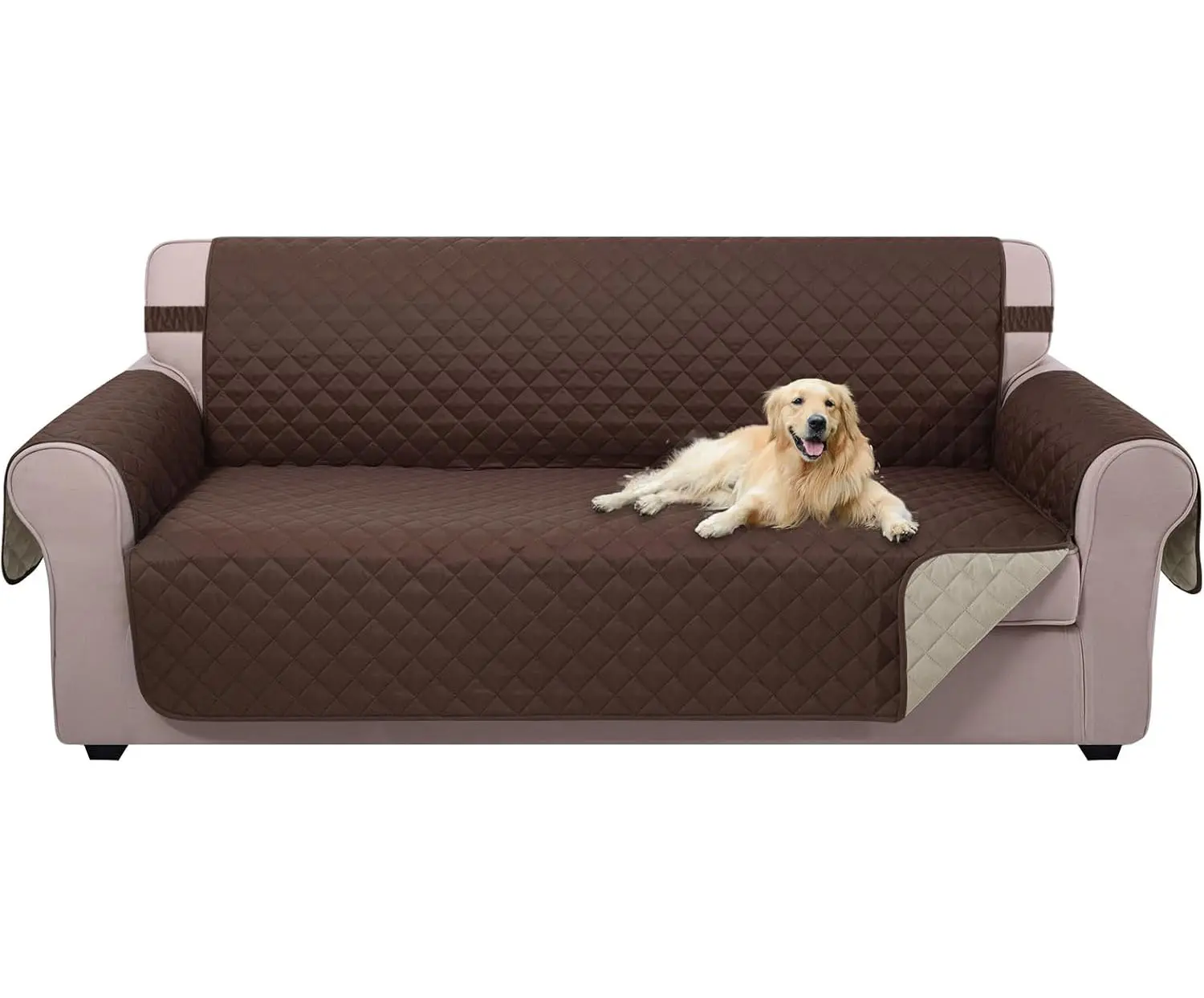 U-NICE HOME Reversible Sofa Cover Washable Couch Cover for Dogs Friendly with Elastic Straps Water Repellent Furniture Protector for 3 Cushion Couch (Sofa, Coffee/Beige)