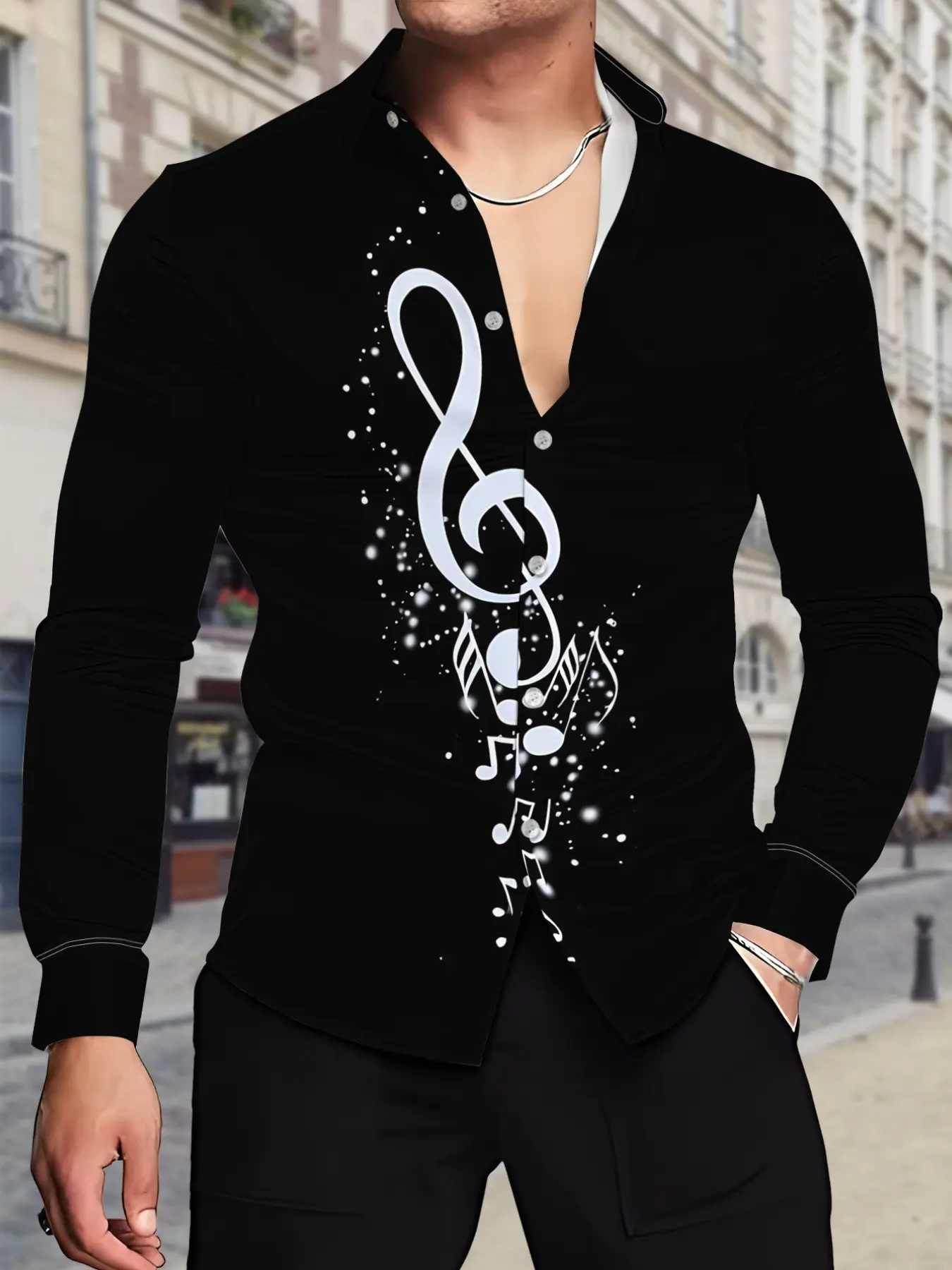 Men's Long Sleeve Cardigan, Fashion Music Symbol Print Casual Jacket, Fitted Top Shirt for Spring & Fall, All over Print Style