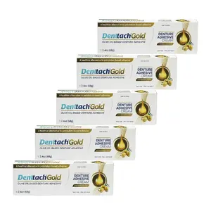 Denttach Gold – Extra Virgin Olive Oil - Extra Strength Denture Adhesive for Full & Partial Dentures – Zinc-Free, Long-Lasting Grip, 2.4oz Saliva Activated(Pack of 5)