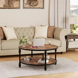 34.25" Round Coffee Table Living Room Rustic Circle Center Table with Storage Shelf 2-Tier Modern Wood Coffee Table, Easy Assembly(Brown)