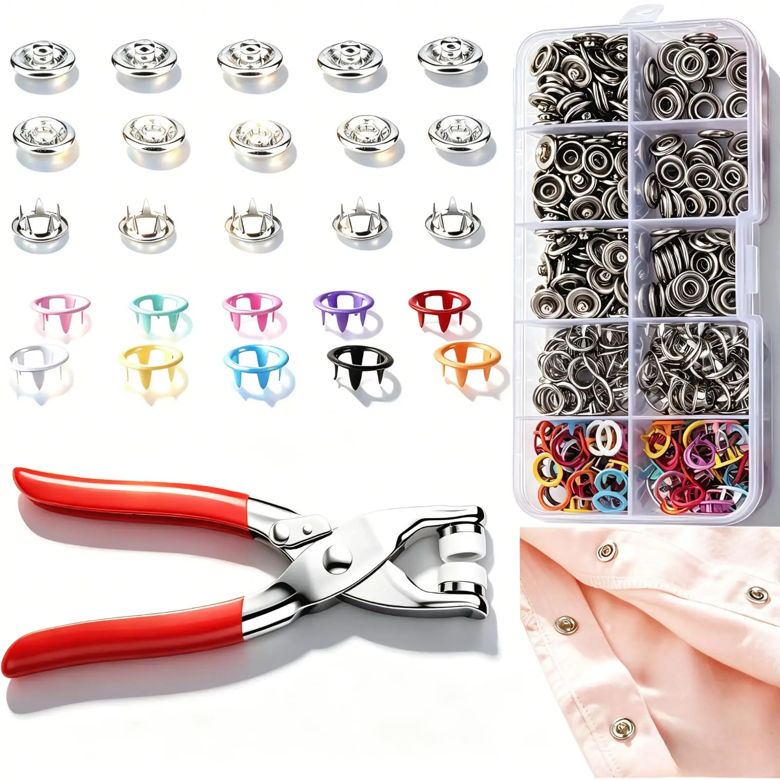 100 Sets Metal Snap Button Kit with Pliers，10 Colors 9.5MM Snap Fasteners Kit，Snaps for Fabric Fastener Pliers Press Tool Kit for DIY Clothing Hats Crafts Snap Button Fasteners Kit for Clothing Sewing