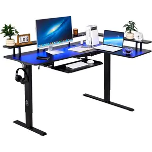 VEVOR L Shaped Standing Desk with Wheels, 63x 55 inch 3-Level Height Adjustable Electric Corner Standing Desk with Power Outlet, Heavy Duty Carbon Steel Sit Stand Computer Table, Easy to AssembleVEVOR Super Brand Day
