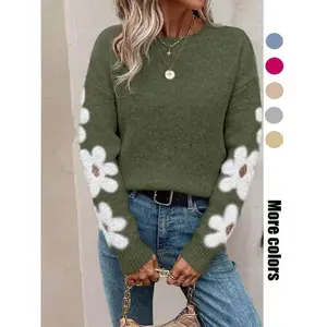 Women's New Loose Round-Neck Floral Pattern Long-Sleeve Pullover Sweater for Autumn and Winter, Elegant Casual Knitwear