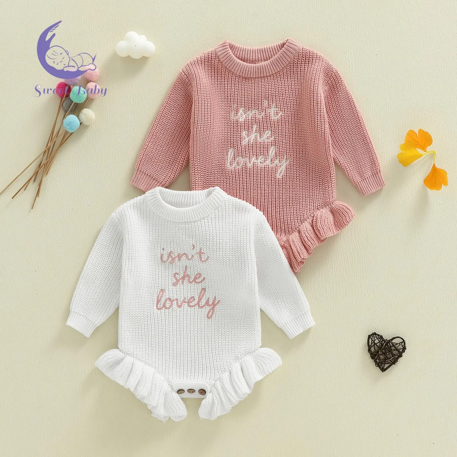 Girl Baby Cotton Blend Knit Romper - Infant Jumpsuit, Long Sleeve, Round Neck, Letter Print, Ruffle Hem Bodysuit