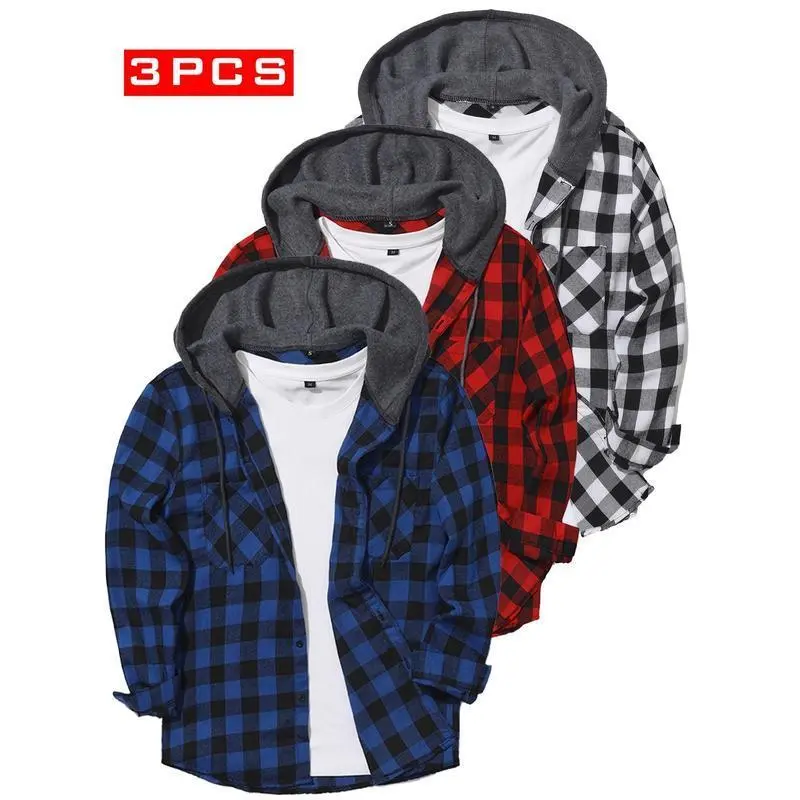 3-Pack Men's Flannel Hoodie Shirts - Plaid Button- Long Sleeve Casual Jackets with Pockets, Machine Washable, All-Season Comfort (Grey/Red & Blue/Black Checkered), Fall Wardrobe Essentials, Classic Plaid Design, Front Pocket FeatureGift