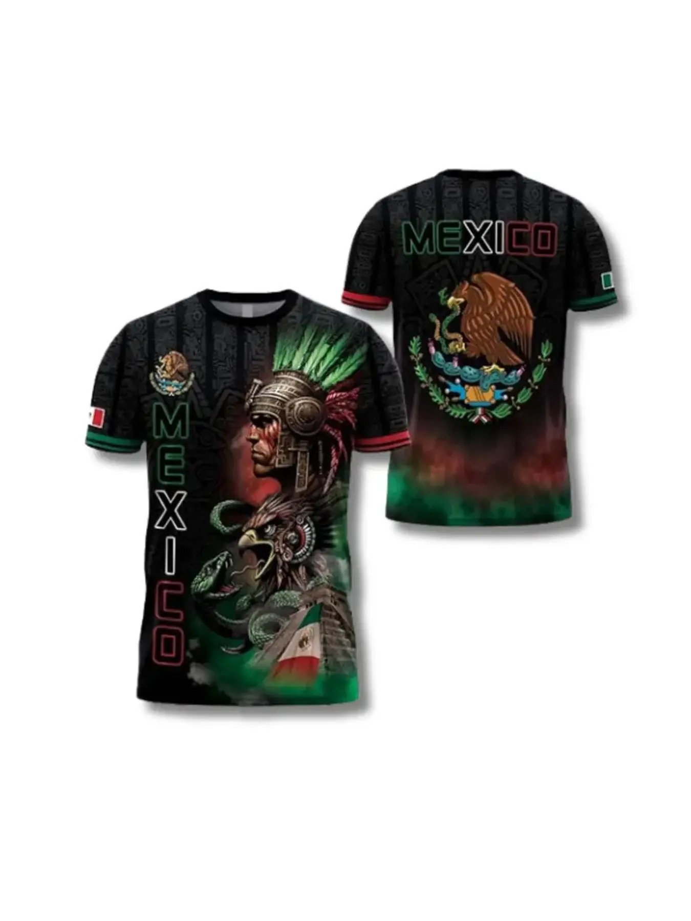 Mexico Aztec Warrior 3D All-Over Print Cultural Casual T-Shirt Tops, Mexican Flag Eagle and Snake Graphic Tee, Cinco de Mayo Patriotic Unisex Gift for Men and Women
