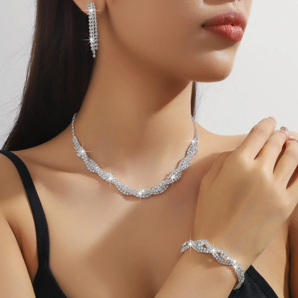 POMELO Jewelry Set for Women, Necklace Earrings Bracelet 3 Piece Set, Sparkly Woven Wave Statement Jewelry, Matching Accessories for Wedding Party Prom Evening
