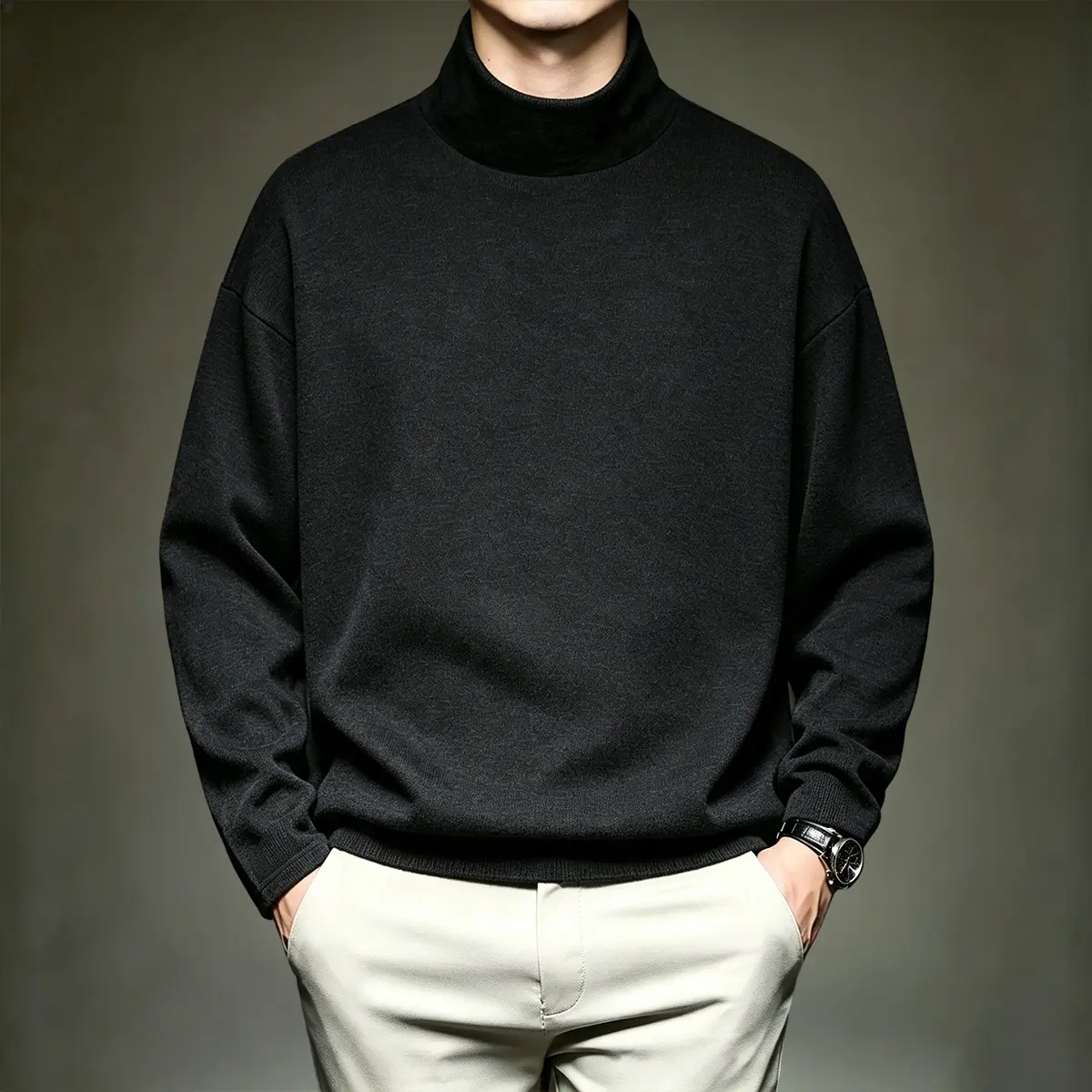 Men's Casual High Neck Long Sleeve Turtleneck Pullover Sweatshirt - Solid Color, Regular Fit, Soft Knit, Minimalist Design, Comfortable Fabric for Autumn Winter, Full Sleeve Tops, Casual Basic, Loose-Fit, Regular Size