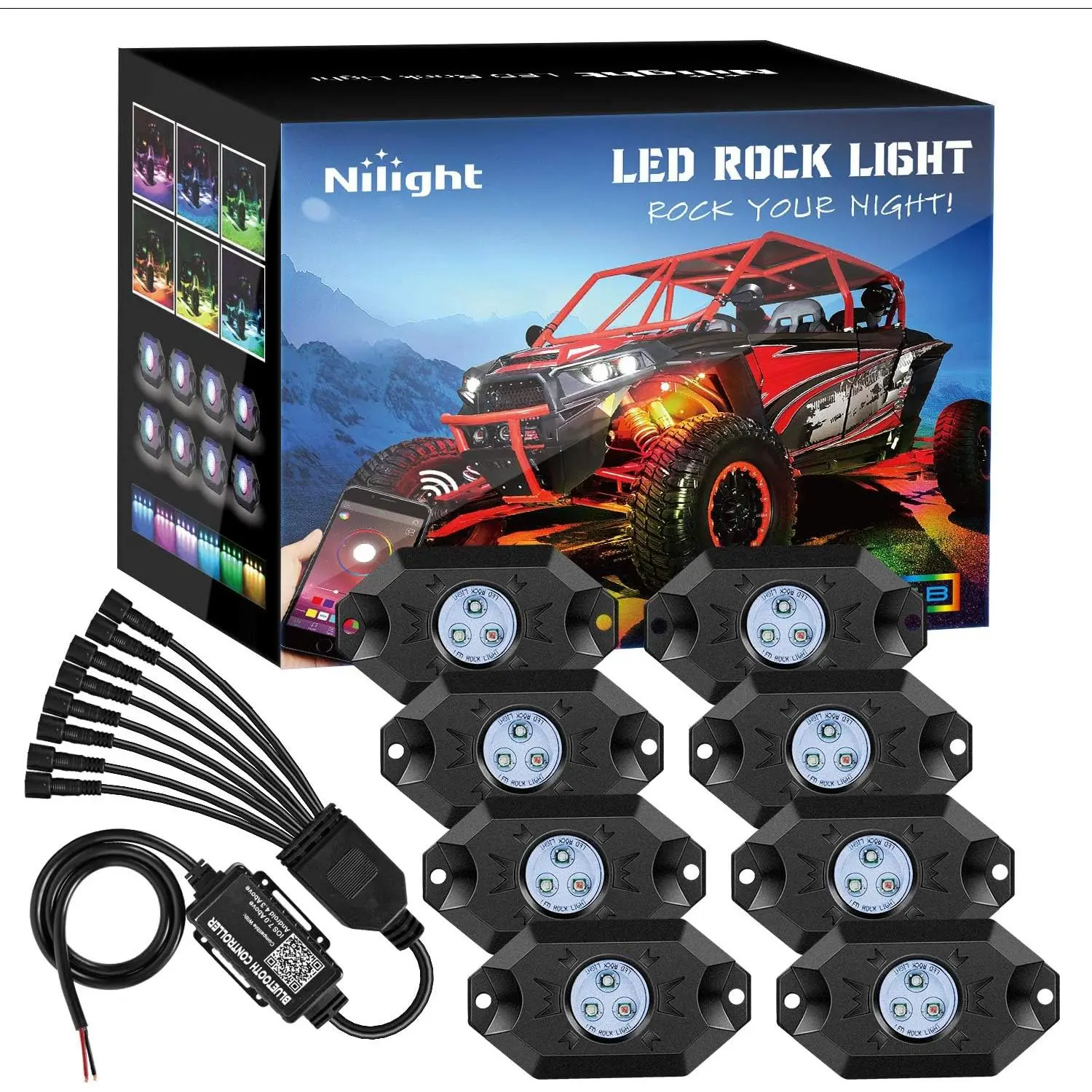 Nilight 8PCS RGB LED Rock Lights Kit - Aluminum LED Pods with Bluetooth App Control, Plug-and-Play, Color Modes, Music Sync, Flashing Timing, IP68 Waterproof for ATV/UTV/SUV Trucks, Multicolor Neon Underglow Car Decor, Led Lights