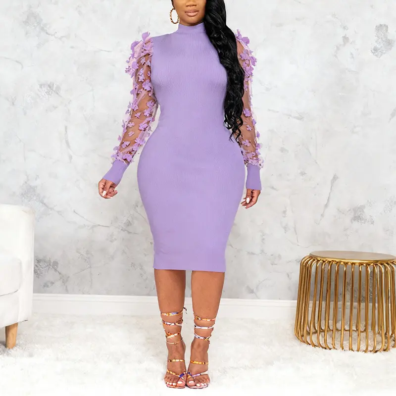 Echoine Elegant Midi Dress with Long Puff Sleeves Solid Color Knitted Ribbed Turtle Neck for Women's Formal Fashion Clubwear Chic Basic Minimalist Womenswear Birthday Embroidery Mesh Party Slim Style Workwear