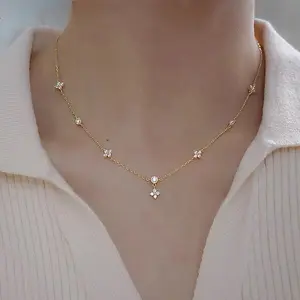 1pc Four-leaf Clover Round Shape Zirconia Luxury Chain Necklace For Women Collar Choker Accessories