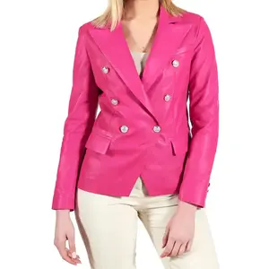 Women's Pink Breasted Leather Coat