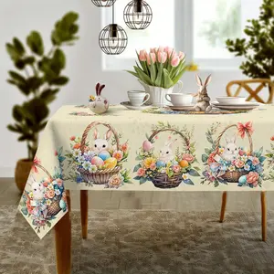 1pc Easter Bunny & Spring Floral Tablecloth with Pastel Eggs & Bunnies - Spring Table Cover Suitable for Easter, Spring Parties, Christmas, Thanksgiving - Machine-Made Durable Table Decor, Multi-Size Rectangular & Round Tables for s &