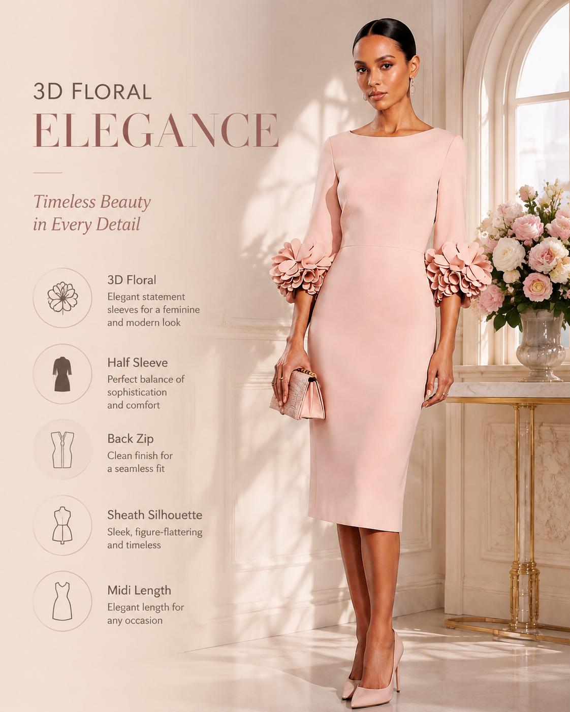 FEHAUTE Women's Pink 3D Floral Sleeve Crew Neck Sheath Midi Dress Cocktail Party Mother of the Bride Dress Formal Womenswear