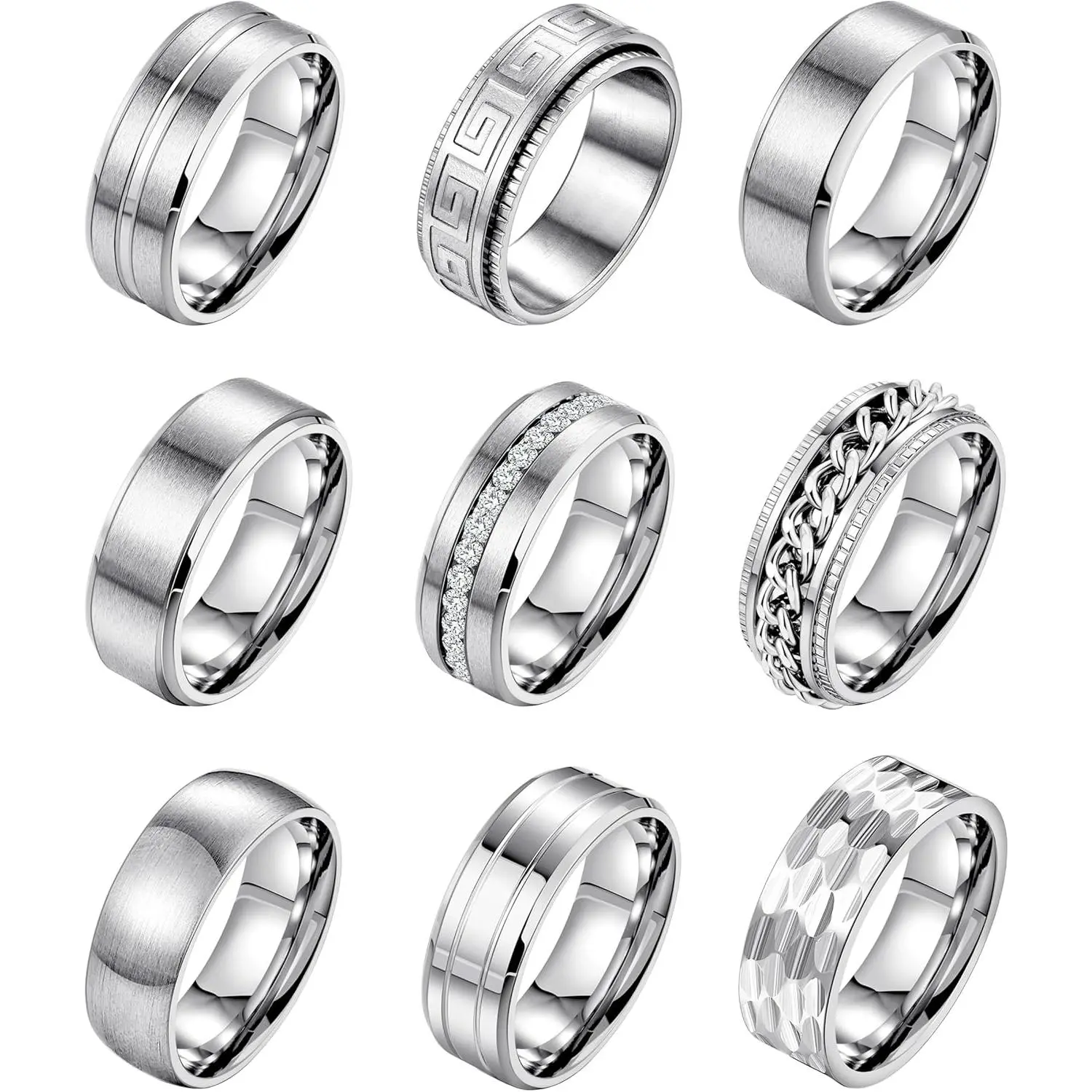 9 count 8MM Stainless Steel Band Rings for Men Women Chain Rings Simple Brushed Wedding Engagement Rings Set 7-13