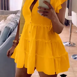 Moo Moo Dresses Women's Yellow Layered Sleeve Shirt Dress Summer Boho Style Button Front Collared Smock Sundress for Women Casual Wear