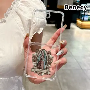 Virgin Mary Pattern Transparent Phone Case for Z Flip 7/6/5/4, Folding Design with Central Axis Protection and Full Lens Coverage
