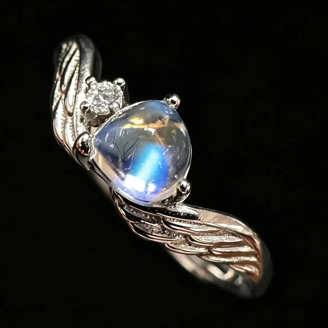 Angel Wing 925 Sterling Silver Heart Blue Flash Moonstone Adjustable Promise Ring