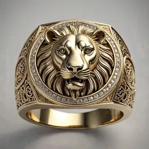 Gold plated ring with Cubic Zirconia stone lion design for men, comfortable to wear, suitable for daily use and as a gift