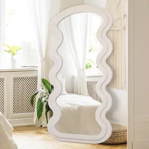 Full length mirror 71x30 irregular wavy full body mirror wall mounted floor mirror with stand blue flannel frame leaning hanging wall mirror for bedroom entrance