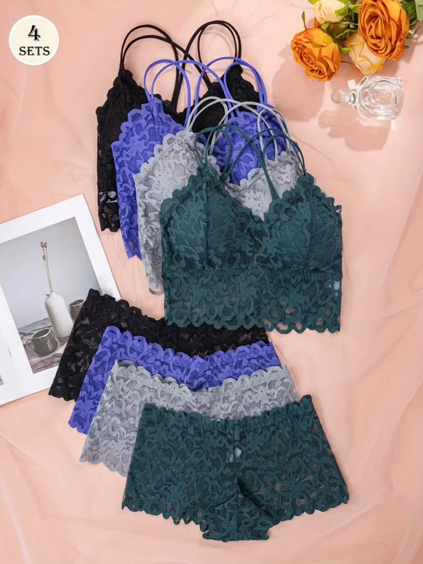 4-Piece Sexy Comfortable Floral Lingerie Set, Wireless Bra with Medium Support, Buckleless Fitted Underwear, All-Seasons Wear