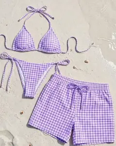 [MATCHING SWIMWEAR SET - SUPER HOT] A checkered swimsuit set, purple striped bikini and swim bottoms, a memorable gift for your vacation.
