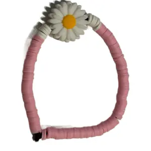 Cute Pink and White Daisy Clay Bead Bracelet with Floral Design and Pink Beads