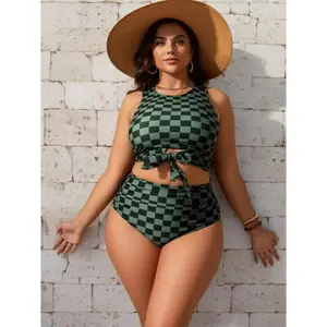 Women's Plus Size 2-Tone Checkered Tie-Front Pleated Tummy Control Sporty Bikini Swimsuit, Adjustable Straps, Polyester Mix Fabric, Slimming Effect, Regular Length, for Water Sports, Poolside Wear, Sporty Bikinis