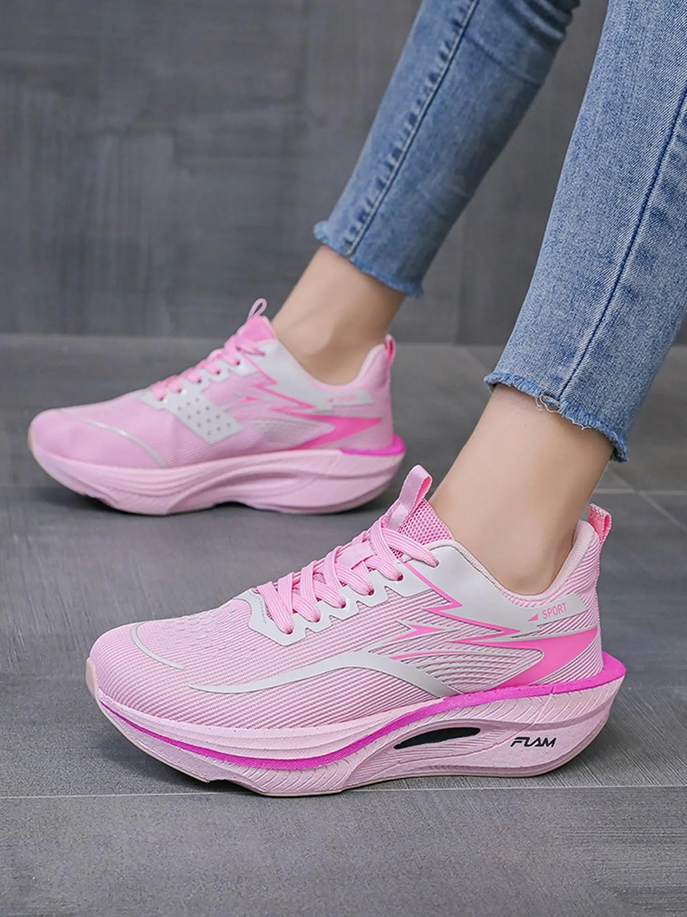 Women's High-Quality Laced Colorful Sporty Running Shoes, Thick Carbon Board Sole, Fashionable Ice Silk Breathable Fabric, Outdoor Sports, Outdoor Running Sneakers, Daily Wear, Athletic Running Shoes