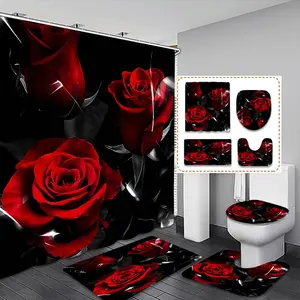 Creative Valentine's Day Rose Bath Curtain Set, Waterproof Hanging Shower Curtain with 12 Hooks, Bathroom Decor, Christmas Gift, Bathroom Decoration Accessories