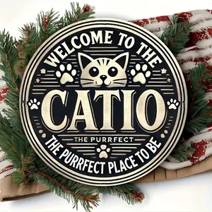 2D Rustic Farmhouse "Welcome to the Catio" Sign - Charming Cat-Themed Aluminum Wall Decor with Paw Prints & Pine Branches, Perfect for Home, Bedroom, or Living Room - 8x8 Inch, Multi-Purpose No Electricity Needed, Perfect for Room Decor