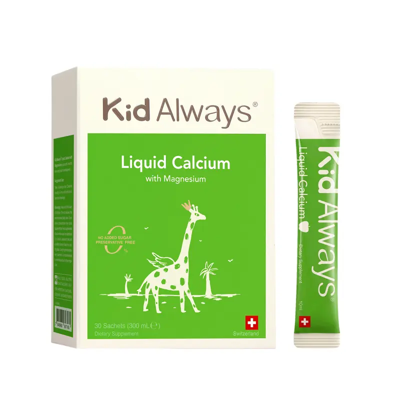 Kid Always Liquid Calcium with Magnesium, Zinc, Vitamins D3 & K2, 30 Sachets, Apple Flavor, Dietary Supplement