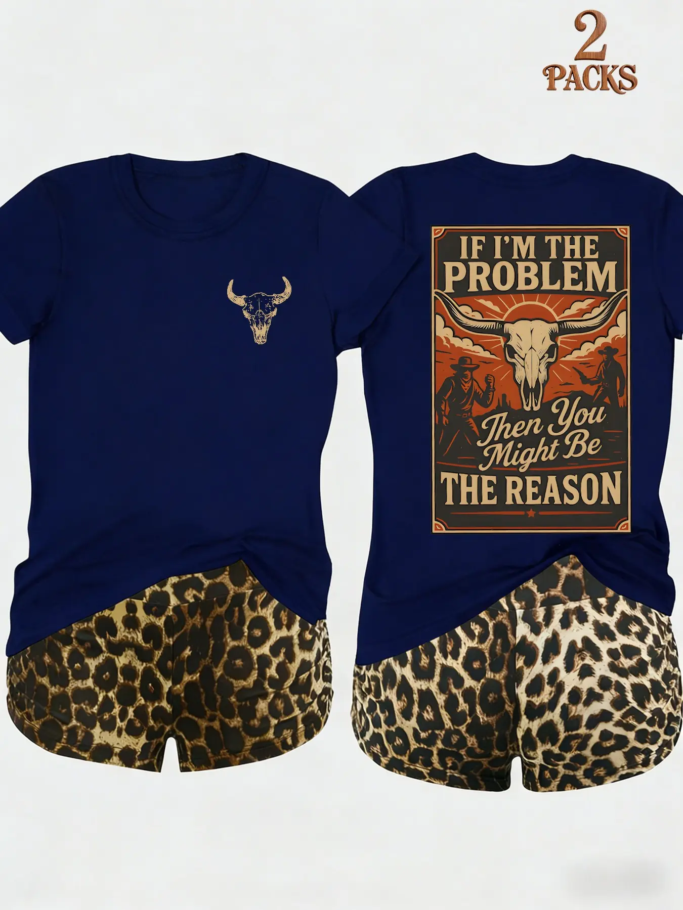 2-Pack Value Set, Matching Clothing Set, Two Matching Short-Sleeve Tees + High-Waisted Leopard Print Shorts, Casual Loose-Fitting Loungewear Suit, Perfect for Lazy Days, Clothes