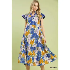 Blue Mix Bold Floral Tiered Midi Dress by Umgee