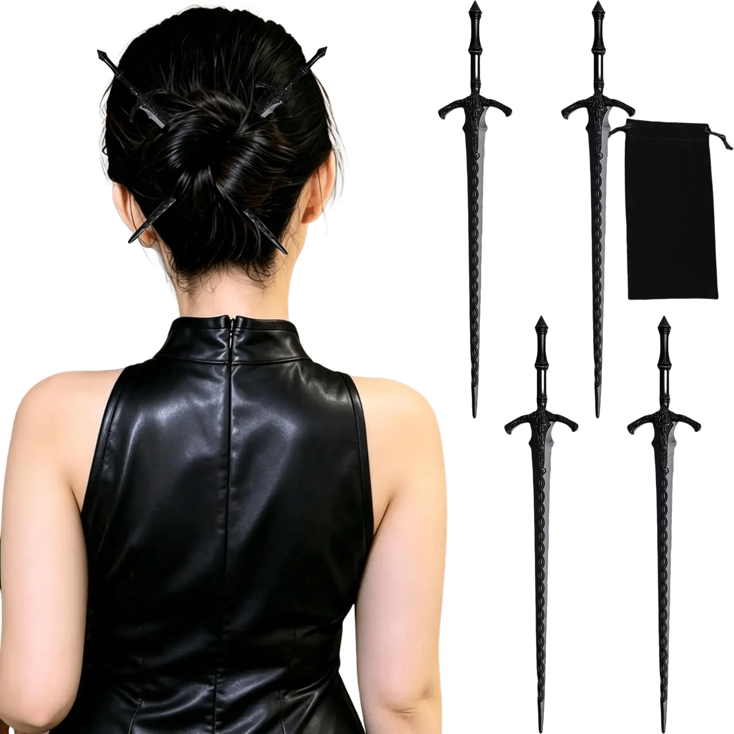 4PCS Retro Viking Hair Sticks – Gothic Sword Hair Pins for Women | Norse Sword Hair Jewelry with Gothic Design for Buns, Updos, Renaissance Festival, Halloween & Cosplay