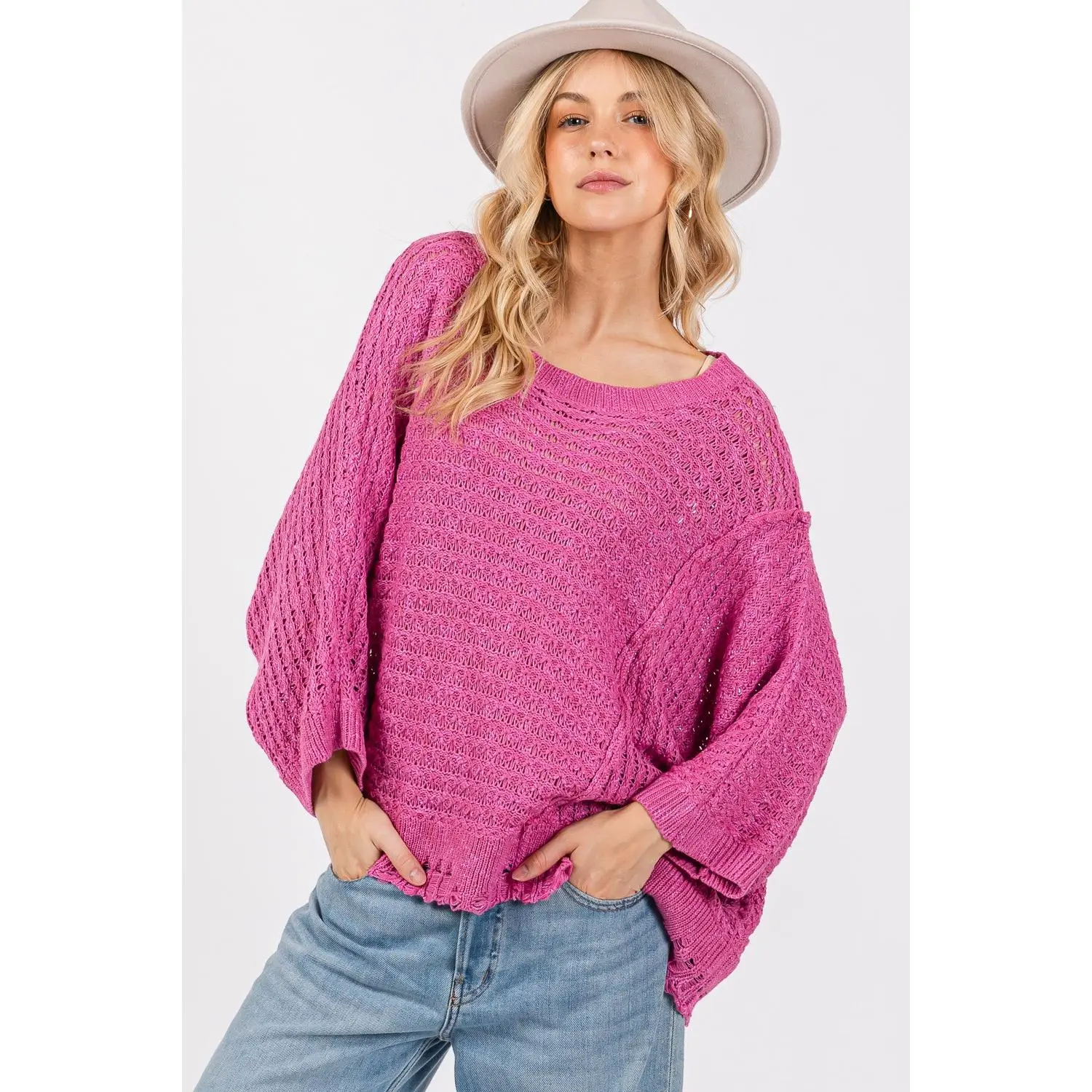 SAGE + FIG Distressed Asymmetrical Open Stitch Sweater