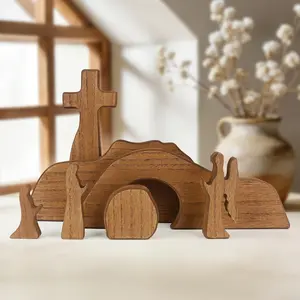 Empty Tomb Easter Scene and  Decoration, Wooden Easter Resurrection Scene Set,  Nativity Scene Decor for Religious  Office Tabletop Christian Gifts