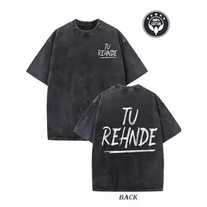 2026 Trendy StyleTU REHNDE Printed Washed Black T-Shirt |   100% Casual Crew Neck T-Shirt, White Text on Front Left Chest and Center Back, Thin White Line Below Back Text, Round Logo with "100%" and Pattern,