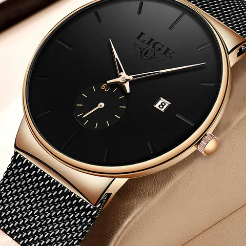 LIGE Men's Casual Trendy Quartz Wristwatch - 40mm Round Analog Black Dial with Blue Hands, 30m Waterproof, Adjustable Clasp Steel Mesh Strap, Custom Fit, Easy to Use, Fashion Accessory, Unique Gift for Man