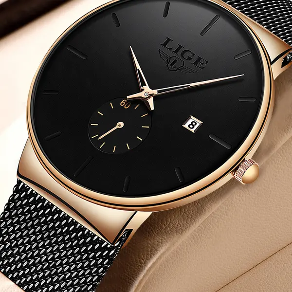 LIGE Men's Casual Trendy Quartz Wristwatch - 40mm Round Analog Black Dial with Blue Hands, 30m Waterproof, Adjustable Clasp Steel Mesh Strap, Custom Fit, Easy to Use, Fashion Accessory, Unique Gift for Man