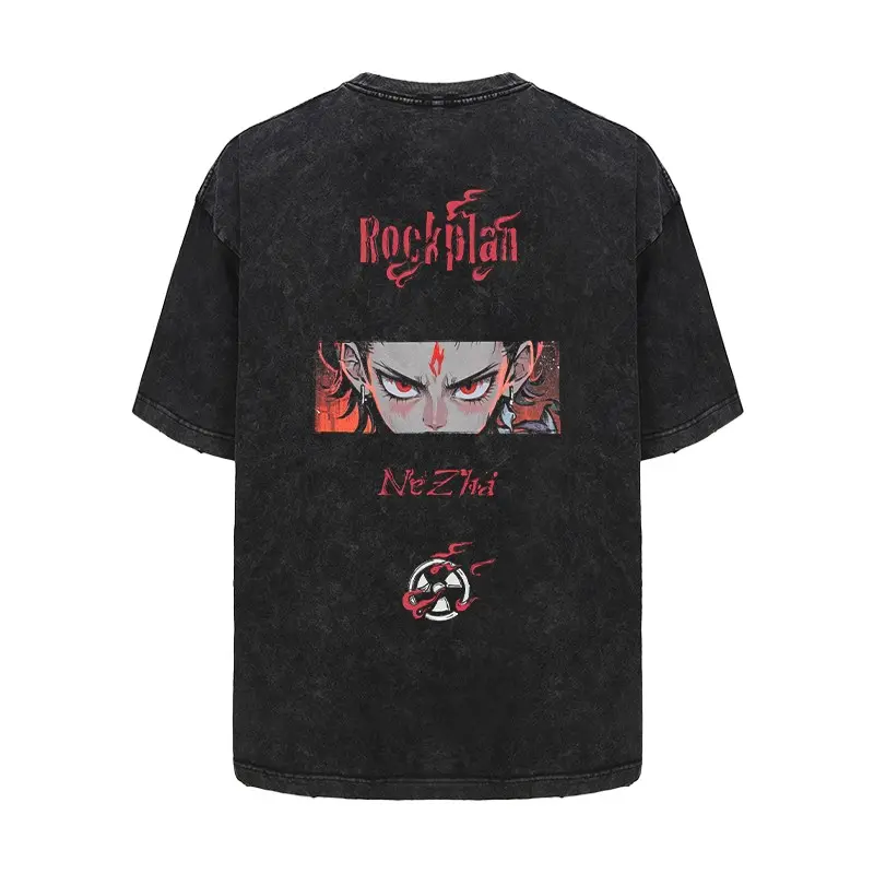 Rockplan Nezha cartoon pattern printed American T-shirt animation style heavy American T-shirt trend
