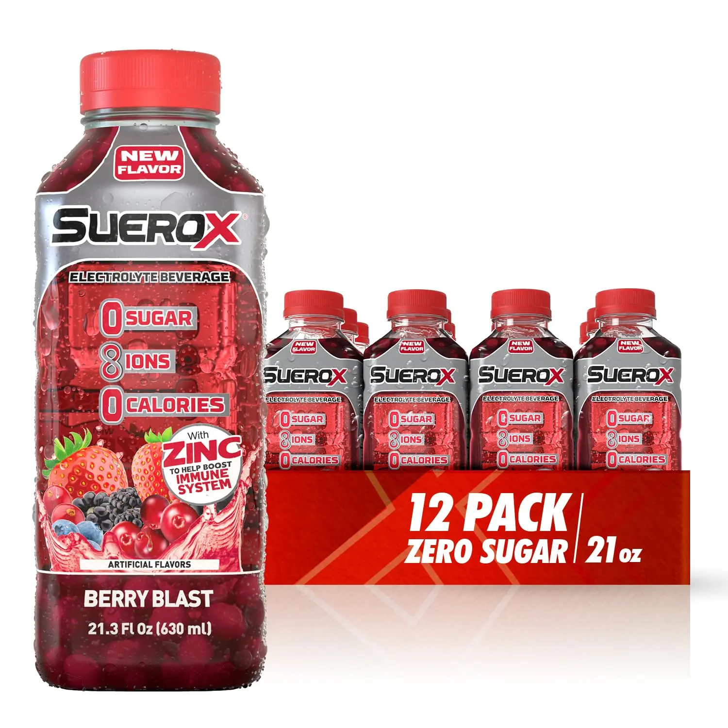 SueroX Zero Berry Blast, Sugar Electrolyte Drink for Hydration and Recovery, Unique Blend of Electrolytes & 8 Ions, Zero Calorie, Refreshing Beverage, Sports Drink, 21.3 Fl Oz,  - 12-pack Berry Blast
