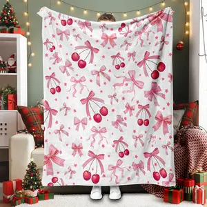 Bow Blanket Pink Bows Soft Throw Blanket Cute Bow Cherry Blankets Preppy Stuff Lightweight Aesthetic Plush Preppy Room Decor for Sofa Couch Travel Bed Gift, 60" x 80" Living Room Decor Soft Cozy Bed Couch Plush Birthday Christmas Lightweight Blanket