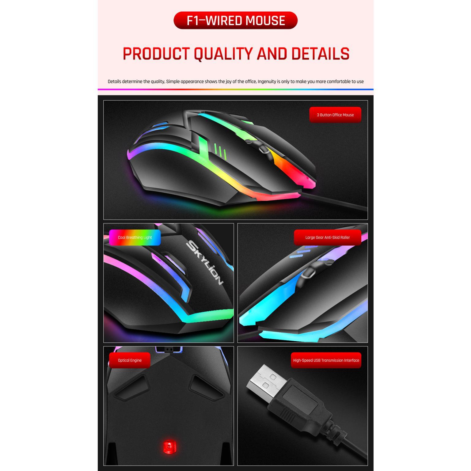 F1 Wired 3 Keys Mouse Colorful Lighting Gaming and Office for Microsoft Windows and Apple IOS System