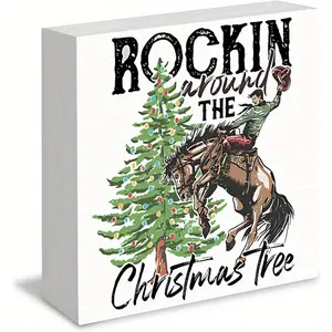 Christmas Halloween Decoration，Western Cowboy Christmas Wood Box Sign, Western Christmas Decorations, Cowboy Christmas Decor, Country Christmas Wood Signs for Home Office Desk Shelf Table Decor, 5x5 Inch