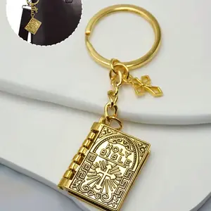 Bible Charm Keychain with Cross Pendant, Flip-Page Bible Book Keyring, Creative Couple Keychain, Wallet Backpack Metal Key Ring, Thoughtful Gift, Symbolic
