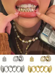 3pcs Top & Bottom Tooth Grills Set, Hollow Design, 14k Gold Plated Copper, Hip Hop Women Teeth Grill, Perfect for Music Festivals, Parties, Role Play