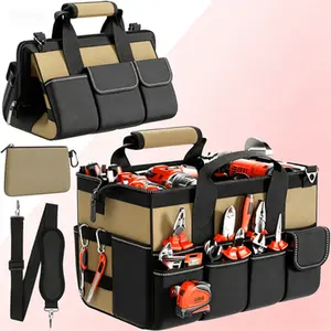 Utility Tool Pouch 15.5 Inch with Adjustable Strap| 17-Pocket Heavy Duty Portable Tool Box Organizer| Soft Handle Durable Zipper Storage for Work| Tool Bags for Men with Pockets, Khaki