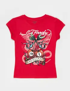ED HARDY x MGK Cherries Rhinestone Womens Cap Sleeve Tee